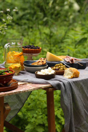 picnic in nature, pies and salads, fresh berries and fruits