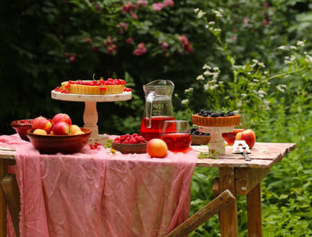 picnic in nature, pies and salads, fresh berries and fruits