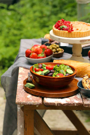 picnic in nature, pies and salads, fresh berries and fruitsの写真素材