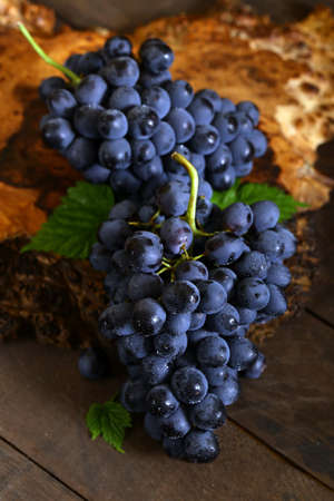 black ripe organic grapes on a wooden table, rustic styleの写真素材