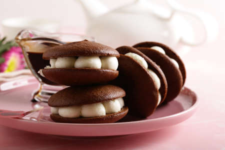 chocolate cookies with marshmallows for dessertの写真素材