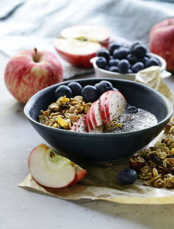 homemade granola with yogurt and fruit, healthy breakfastの写真素材