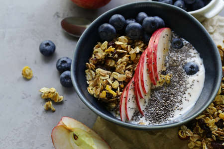 homemade granola with yogurt and fruit, healthy breakfast