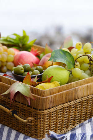picnic basket with fruit and wineの写真素材