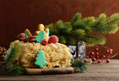 gingerbread christmas cake decoration on wooden backgroundの写真素材