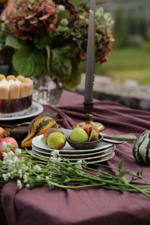 festive autumn table setting with fruits and cheeseの写真素材