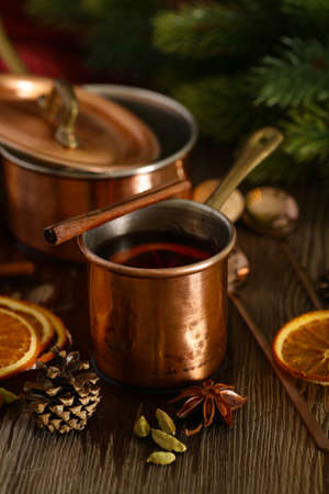 mulled wine with spices and orange, christmas winter drinkの写真素材