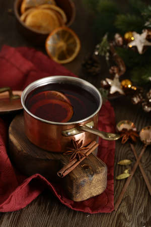 mulled wine with spices and orange, christmas winter drinkの写真素材