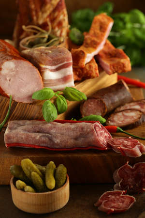 smoked meat sausage with spices and pepper