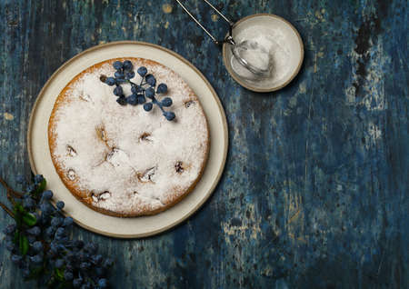 homemade berry pie with cranberries and icing sugarの写真素材