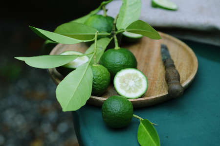 natural organic lime with green leavesの写真素材