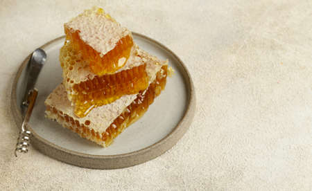 natural organic honeycombs on a plateの写真素材