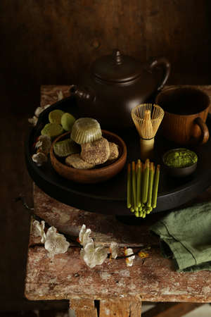 japanese sweets mochi with matcha tea
