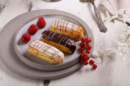 French pastries of choux pastry eclairs