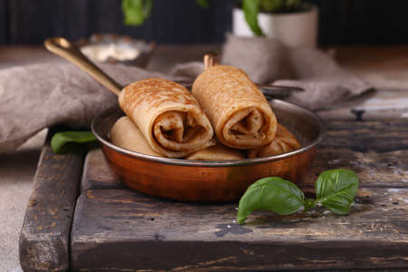 homemade stuffed pancakes for lunchの写真素材