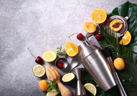 cocktail shaker and fruits on a gray backgroundの写真素材