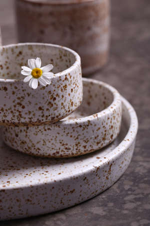 handmade ceramic craft ware on a gray backgroundの写真素材