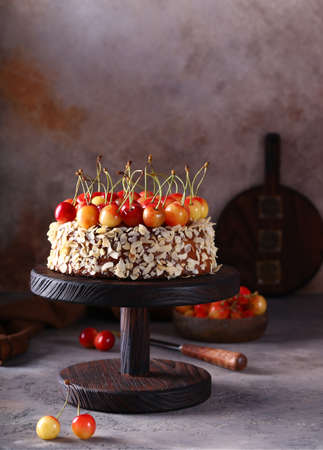 homemade berry fruit cake with fresh cherry