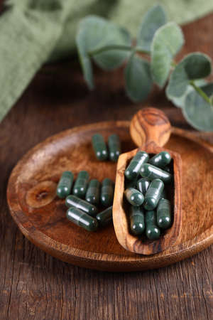spirulina capsules food supplementの写真素材
