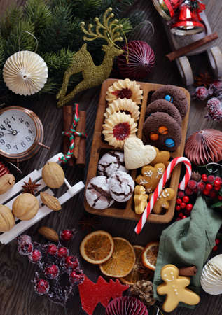 christmas background cookies and decorations for holiday and giftsの写真素材