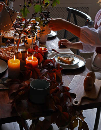 set festive autumn table for thanksgiving dayの写真素材