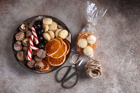 christmas hand made gifts cookies and candiesの写真素材