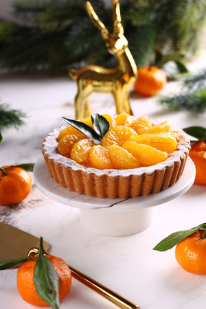 cheese tart with citrus fruit for dessertの写真素材