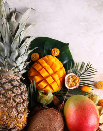 assorted tropical exotic fruits on the tableの写真素材