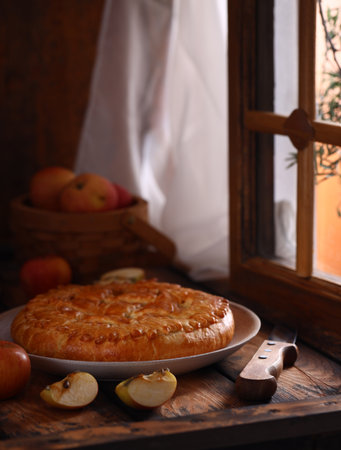homemade apple pie on a wooden tableの写真素材