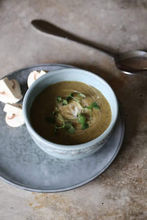 mushroom puree soup with sour cream fresh mushroomsの写真素材