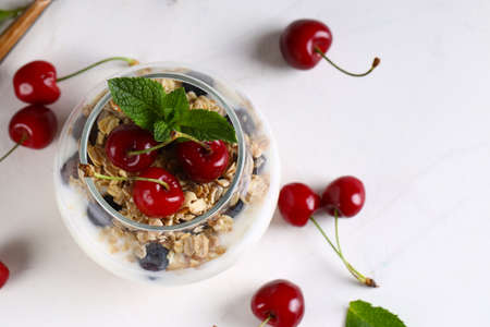 organic milk dessert with fresh berriesの写真素材