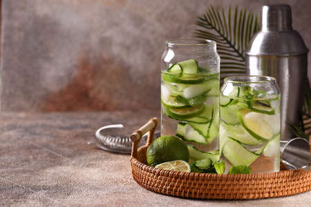 summer lemonade with lime and cucumberの写真素材