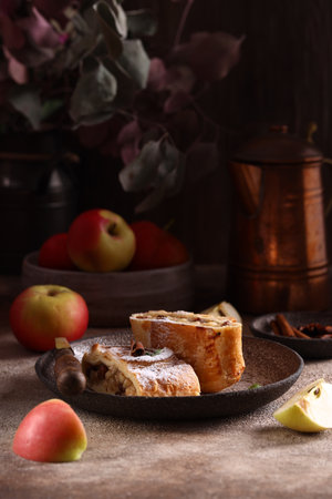 fresh traditional dessert strudel with applesの写真素材