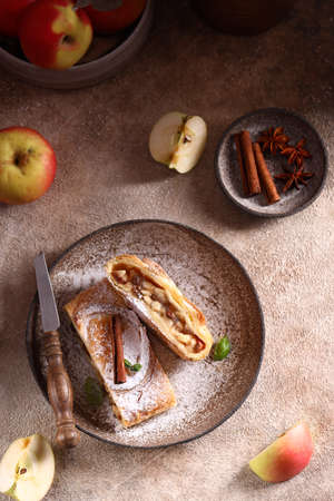 fresh traditional dessert strudel with applesの写真素材