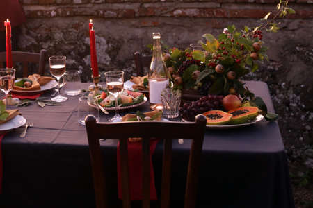 beautiful autumn table setting banquet, celebrationの写真素材