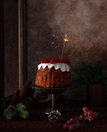 christmas dessert cake with festive decorationsの写真素材
