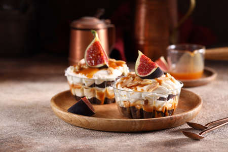 trifle dessert with chocolate butter cream and figsの写真素材