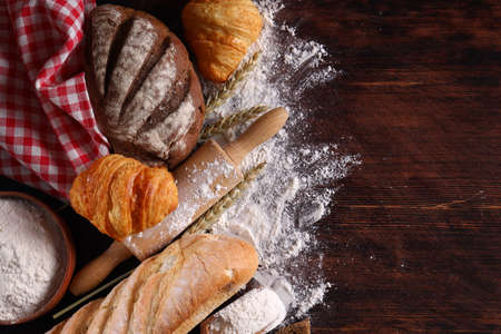 flour food fresh bread on wooden background