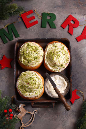 traditional cinnamon buns with icingの写真素材