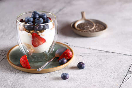 pudding with chia seeds and fresh berriesの写真素材