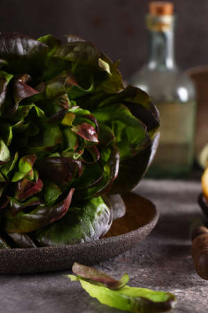 fresh organic lettuce salad on table healthy foodの写真素材