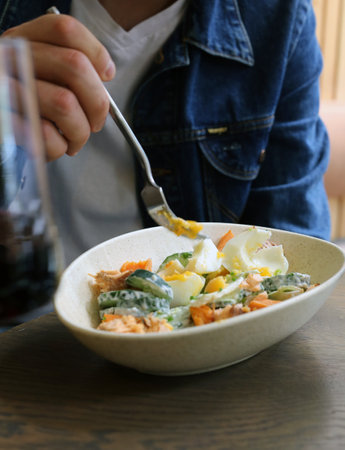 fresh tasty salad for lunch in cafeの写真素材