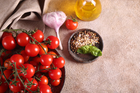food background with tomatoes on a plateの写真素材