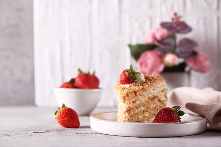 puff Napoleon cake with fresh berriesの写真素材