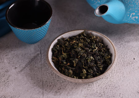 tea ceremony with cast iron teapotの写真素材