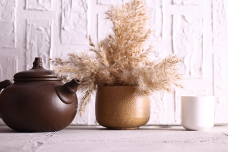 tea ceremony with ceramic Japanese teapotの写真素材