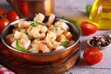 fried shrimp in a pan with spices, appetizerの写真素材