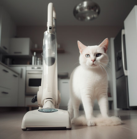 beautiful white cat in the room with a vacuum cleanerの素材