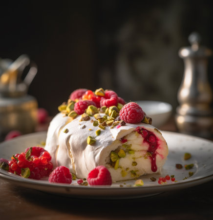 meringue roll cake with fresh raspberries and pistachiosの素材