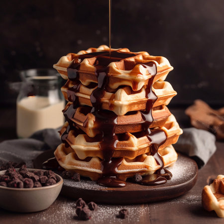 stack of Belgian waffles with syrup, for breakfastの素材